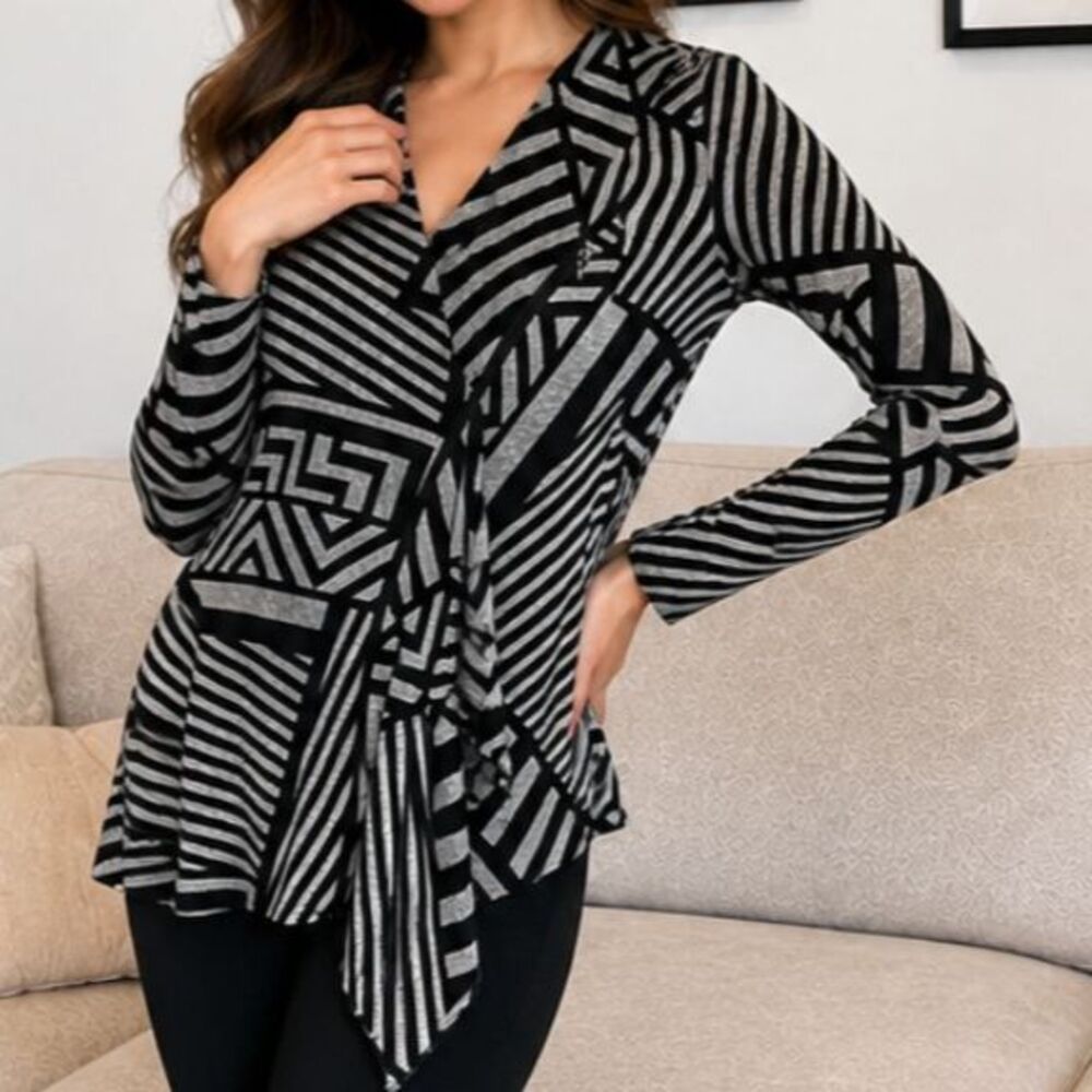 Joseph Ribkoff Black Gray Geometric Asymmetrical Top 6 Dark Academia Artsy